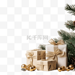 带礼品盒和冷杉树枝的圣诞组合物
