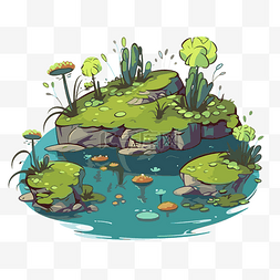沼泽剪贴画卡通岛有石头和池塘 