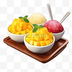 托盘上的芒果 bingsu 刨冰的 3d 渲染