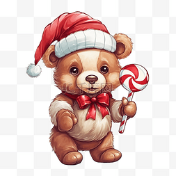 卡通冬季动物图片_可爱的卡通圣诞熊戴着红帽子和棒
