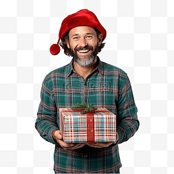 复古药盒图片_戴着圣诞帽和复古衬衫的家伙拿着