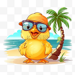 沙滩上晒日光浴的可爱黄色小鸡卡