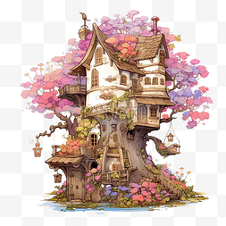 树上有很多花的童话房子的插图 ai