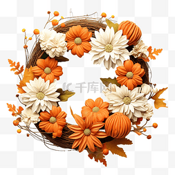 感恩节花环，南瓜和白花