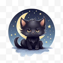 可爱的猫坐在有星星的月亮上