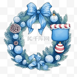圣诞礼品袜图片_卡通蓝色花环云杉与圣诞属性