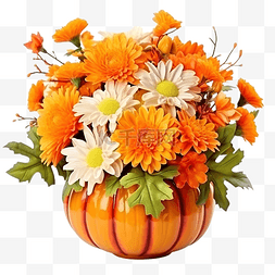 花束插花花瓶图片_南瓜花瓶中的花束秋季插花万圣节