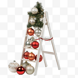 梯子白色图片_小梯子上有圣诞装饰品的盒子