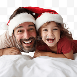 冬天躺着的人图片_幸福的家庭戴着圣诞老人的帽子躺
