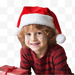静坐等待课题图片_圣诞树附近家里戴着圣诞老人帽子
