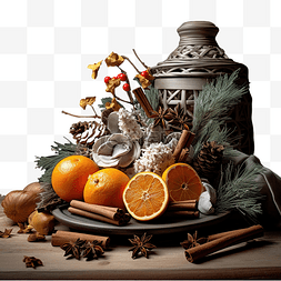 冬季植物花图片_圣诞小插图，配有干橙子和冬季植