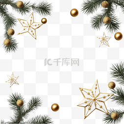 星型图片_圣诞白枞树枝与金色星星装饰