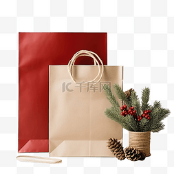 红色礼品袋图片_带礼物和自然装饰的圣诞纸袋，适