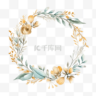 水彩装饰圆花框金色植物圆花环与树枝草本植物和叶子乡村婚礼边框