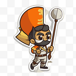 戴头巾卡通图片_戴着橙色头巾的年轻英雄拿着木棍