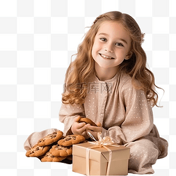 手握饼干的漂亮女孩坐在圣诞树旁