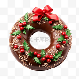 美味的巧克力甜甜圈装饰成圣诞花