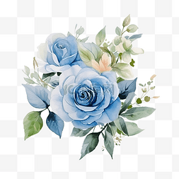 蓝色绿叶背景图片_水彩鲜花花束与蓝玫瑰和绿叶插画