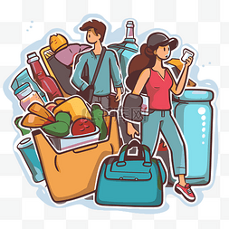卡通女孩和男人购物袋携带家用杂