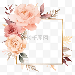 正方形粉色背景图片_水彩散装玫瑰花束与金线艺术广场