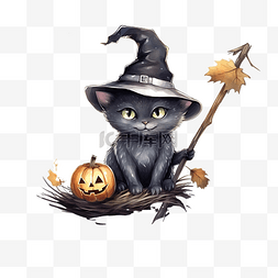 可爱有趣的万圣节黑猫女巫骑着飞