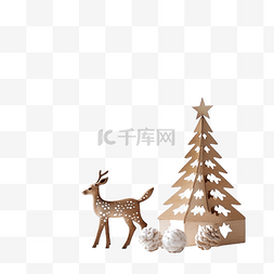 木桌上有驯鹿和圣诞树的假日概念