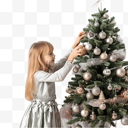 用玩具和小玩意装饰圣诞树的小女
