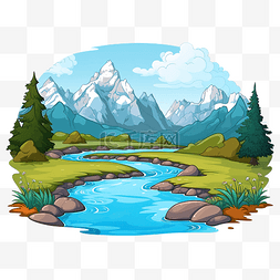 河草图片_有山有水的美丽风景插画