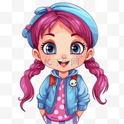 紫色头发女孩图片_可爱剪贴画卡通女孩穿着蓝色圆点