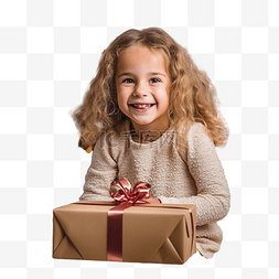 礼物送人图片_快乐的小女孩在圣诞树附近拿着礼