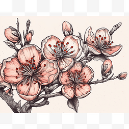 粉红色桃花图片_以草图形式在树枝上雕刻的粉红色