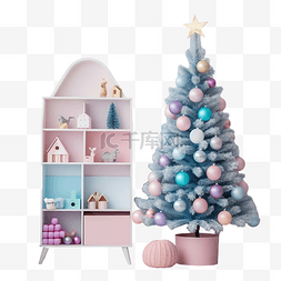 蓝色室内家居图片_儿童房里有美丽的圣诞树，里面有