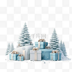 鹿与森林图片_冬季圣诞场景与礼品盒装饰 3D 渲