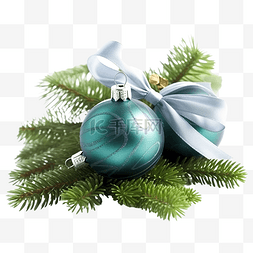 圣诞球树枝图片_常绿云杉树枝上有蝴蝶结的圣诞球
