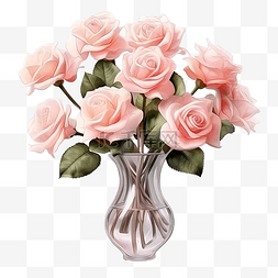 绽放的玫瑰图片_花瓶中的粉色玫瑰花透明背景花卉