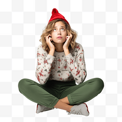 思考问题表情图片_圣诞假期里，女孩坐在地板上，心