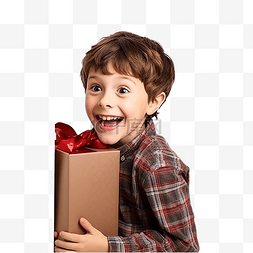 小男孩拿着圣诞礼盒从门外偷看