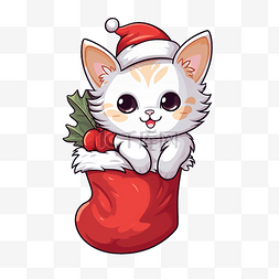 可爱的手绘小猫挂在圣诞袜里