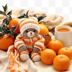 针织围巾上的圣诞橘子和圣诞玩具