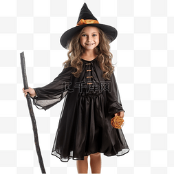 小女孩开心过生日图片_万圣节时穿着女巫服装拿着扫帚的