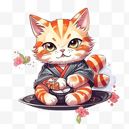 寿司艺术图片_可爱的老虎条纹猫吃寿司，水彩风