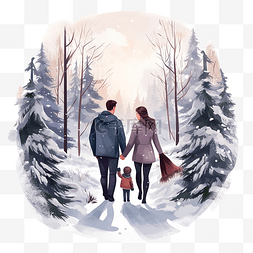 圣诞夜周末一家人穿过冬季森林