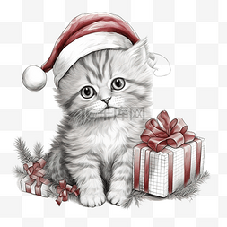 水彩手绘书图片_可爱的猫在圣诞礼物上方玩耍，戴