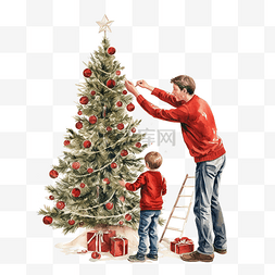 父亲和儿子在红色圣诞树上挂了装