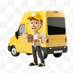 货车图片_3D 卡通快递员从带有送货应用程序