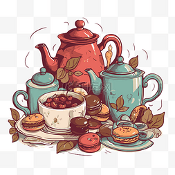 卡通烤瓷图片_下午茶剪贴画复古茶壶与一杯牛奶
