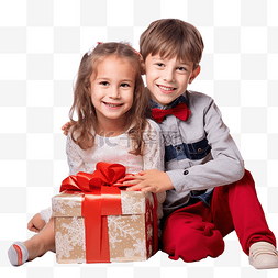 圣诞树附近快乐的孩子们带着礼物