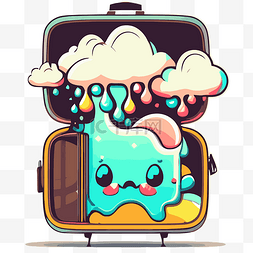 有云彩的手提箱和一个卡哇伊小怪