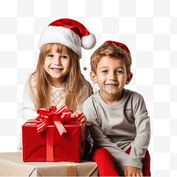礼物放盒子里图片_戴着圣诞帽的可爱小孩子坐在房间