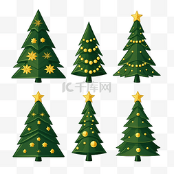 一套带黄色星星的绿色圣诞树png插